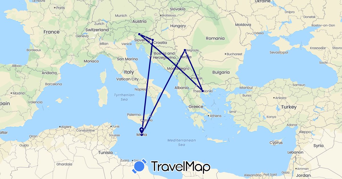 TravelMap itinerary: driving in Greece, Croatia, Malta, Serbia, Slovenia (Europe)